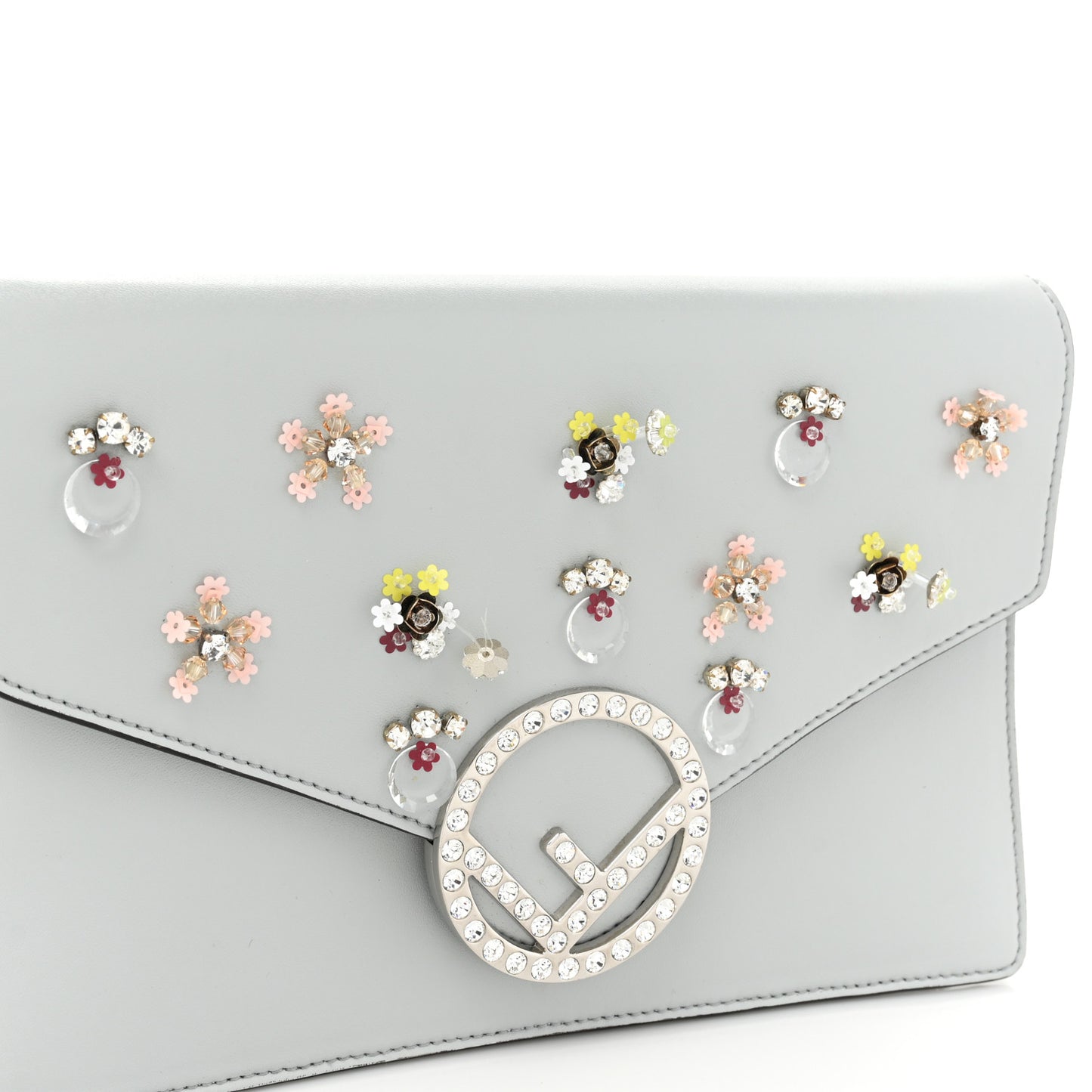 Vitello Liberty Crystal Embellished F is Fendi Medium Envelope Wallet on Chain Grigio Perla
