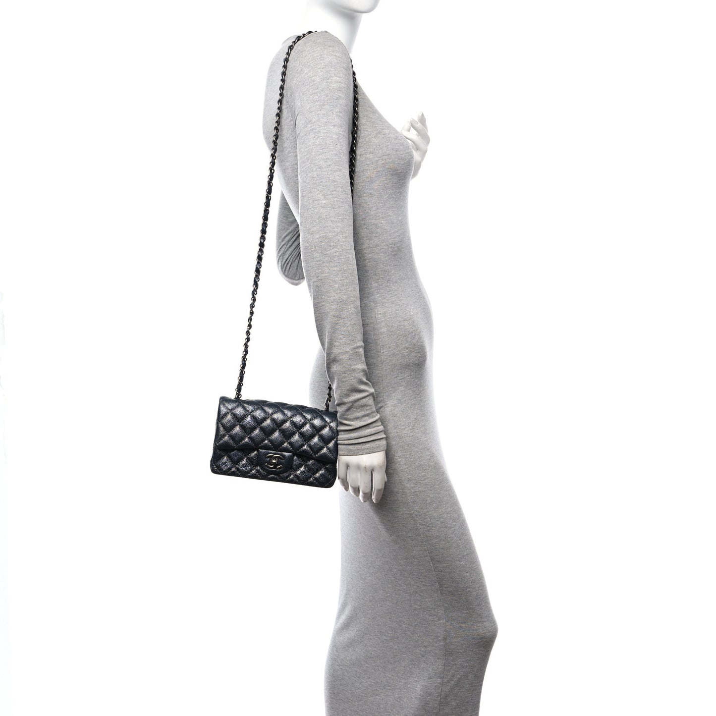 Pearly Caviar Quilted Mini Rectangular Flap Grey