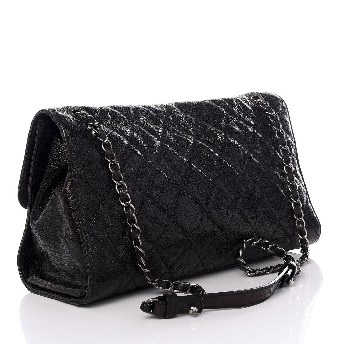 Crumpled Grained Calfskin Jumbo CC Crave Flap Black