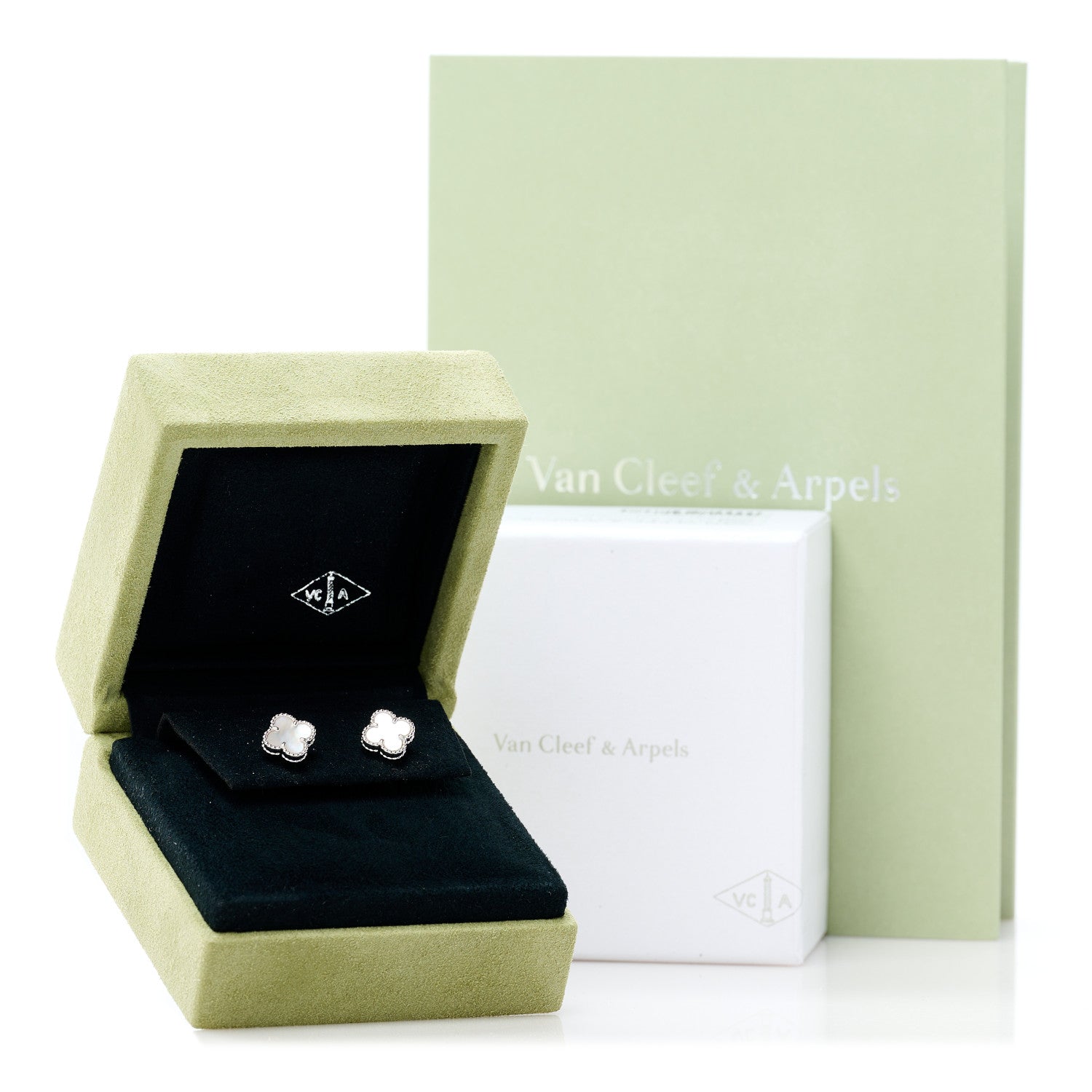 Van Cleef & Arpels 18K White Gold Mother of Pearl Sweet Alhambra Earrings 5 of 5