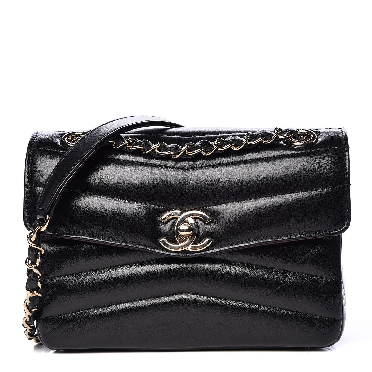 Shiny Lambskin Quilted Small Chevron Miroir Black