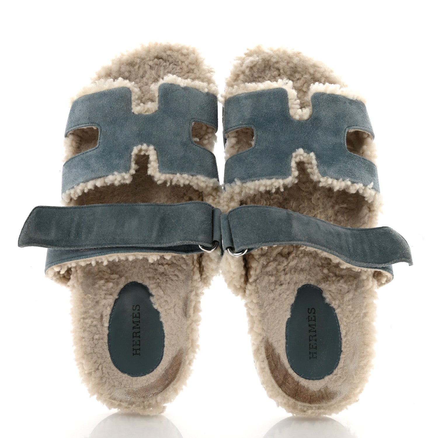 Hermes Suede Goatskin Woolskin Womens Chypre Sandals 38.5 Bleu Pinede Ecru 2 of 9
