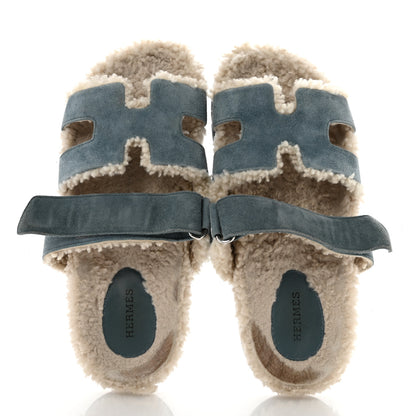 Hermes Suede Goatskin Woolskin Womens Chypre Sandals 38.5 Bleu Pinede Ecru 2 of 9