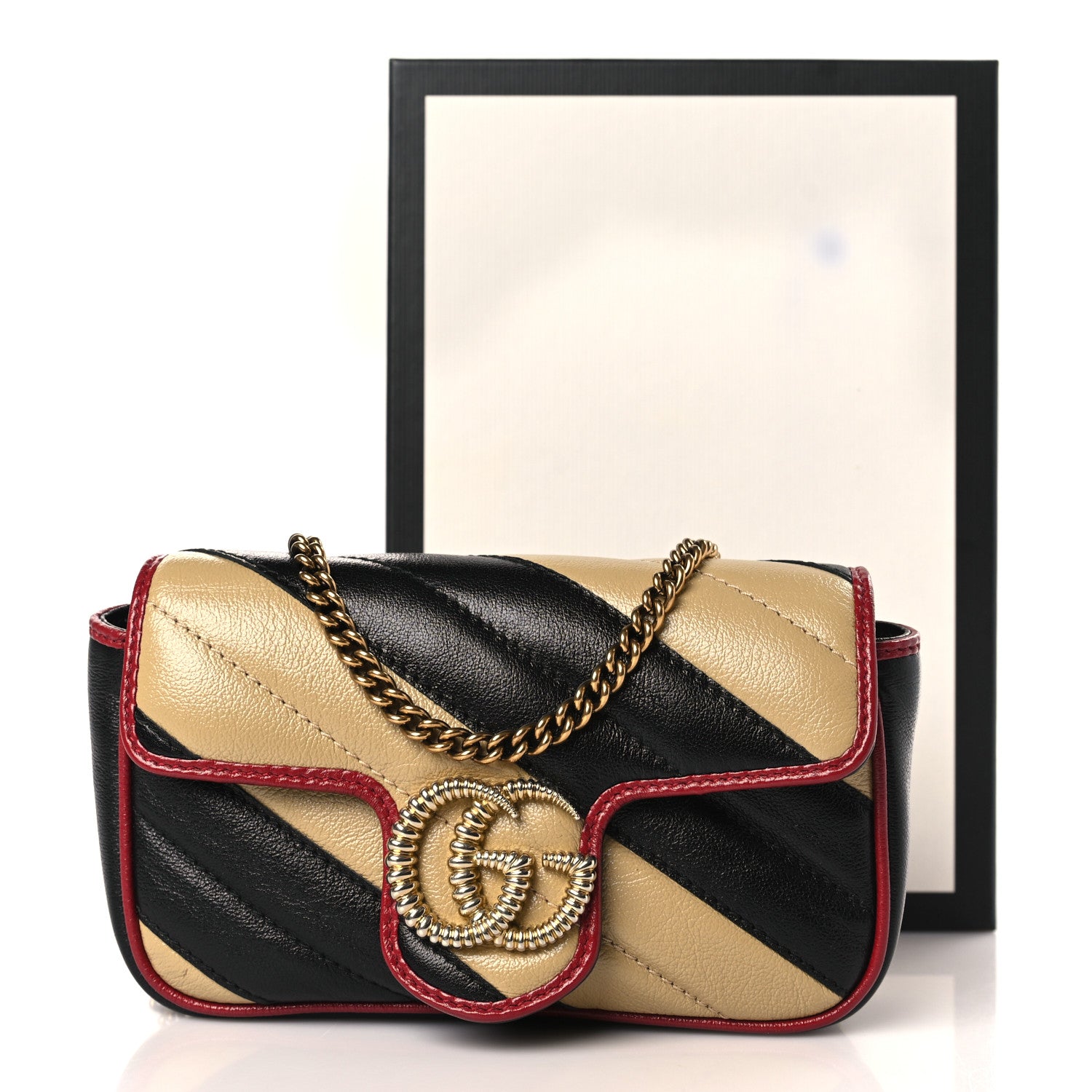Gucci Vintage Effect Calfskin Matelasse Diagonal Striped Super Mini Torchon GG Marmont Shoulder Bag Black Beige 10 of 10