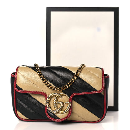Gucci Vintage Effect Calfskin Matelasse Diagonal Striped Super Mini Torchon GG Marmont Shoulder Bag Black Beige 10 of 10