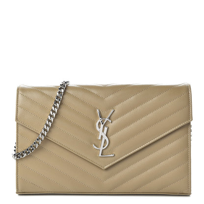 Saint Laurent Grain De Poudre Matelasse Chevron Monogram Chain Wallet Deep Beige 1 of 10