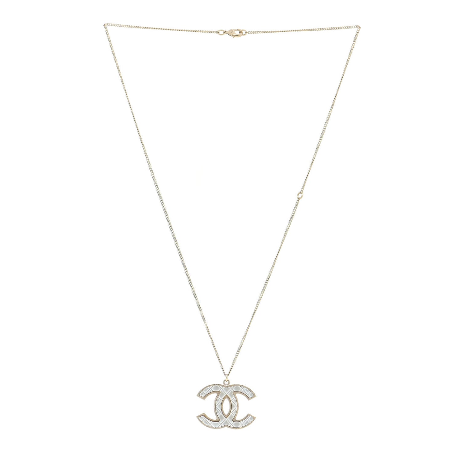 Metal Quilted CC Pendant Necklace Gold White