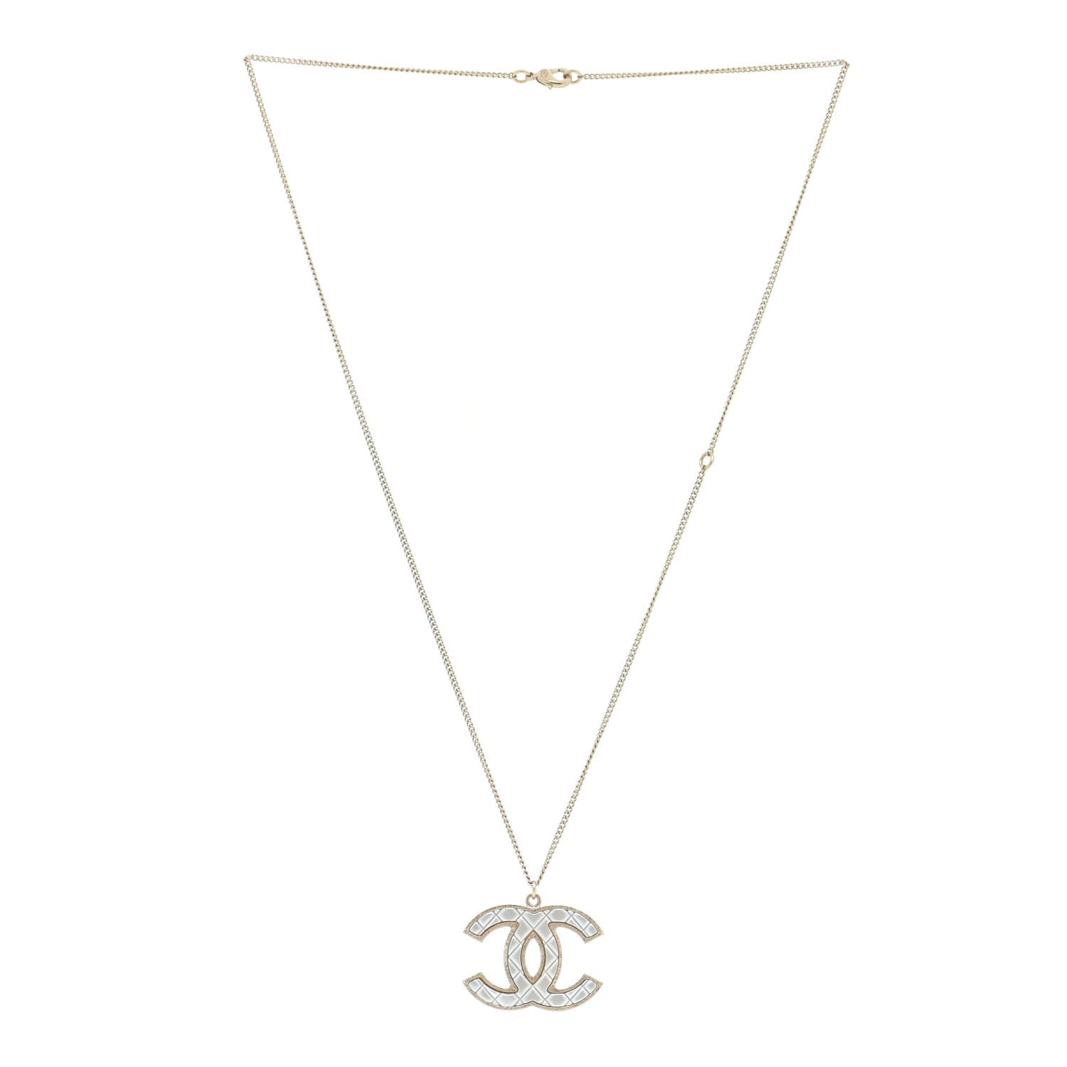 Chanel Metal Quilted CC Pendant Necklace Gold White 3 of 7