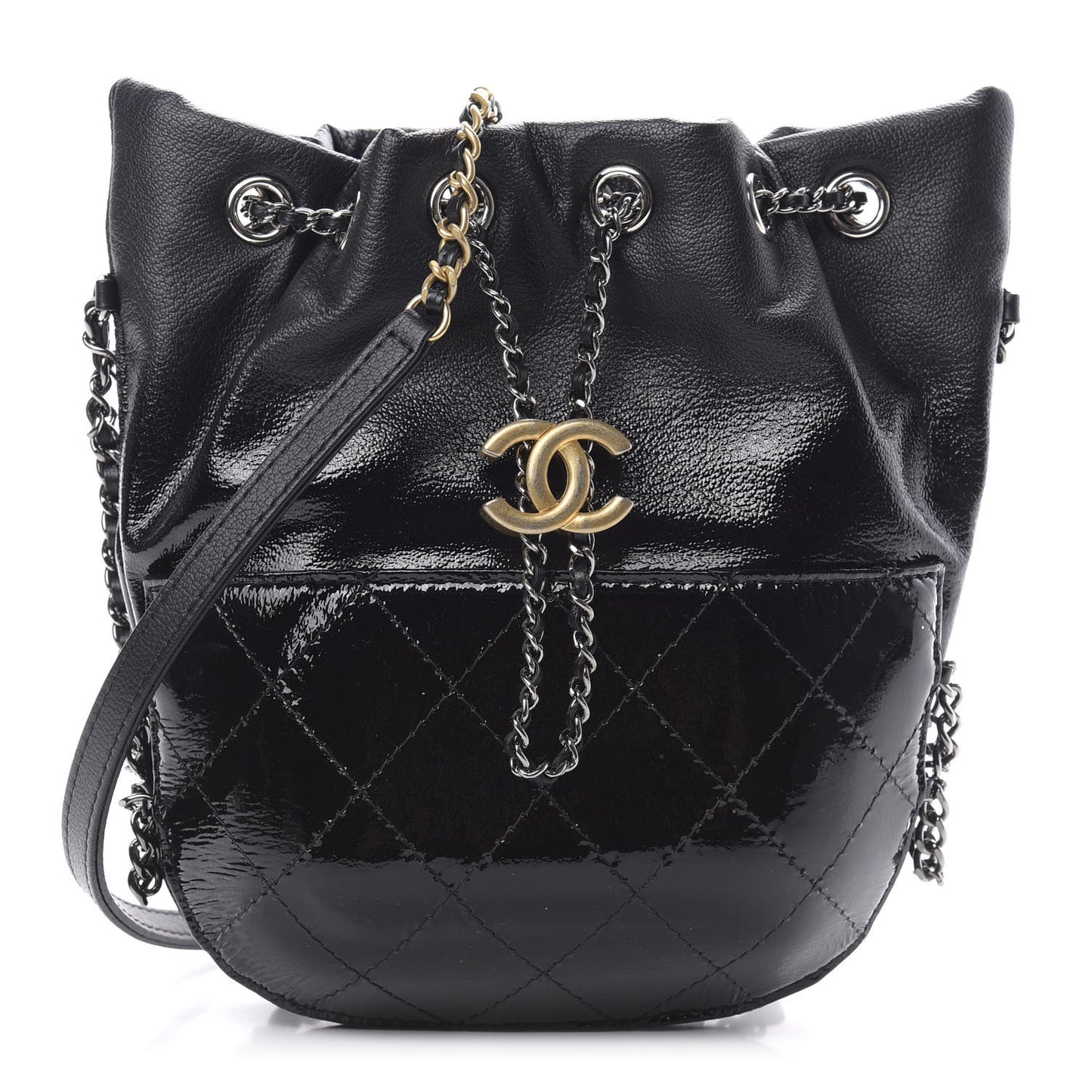 Patent Goatskin Quilted Small Gabrielle Bucket Black