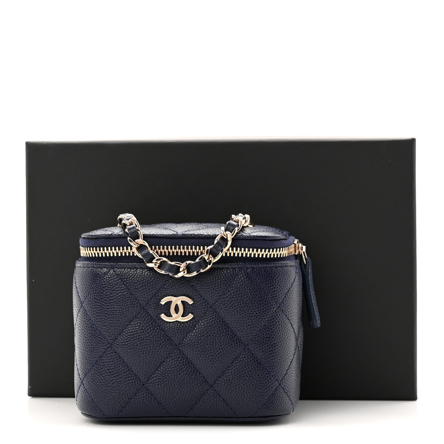 Caviar Quilted Mini Vanity Case With Chain Navy Blue