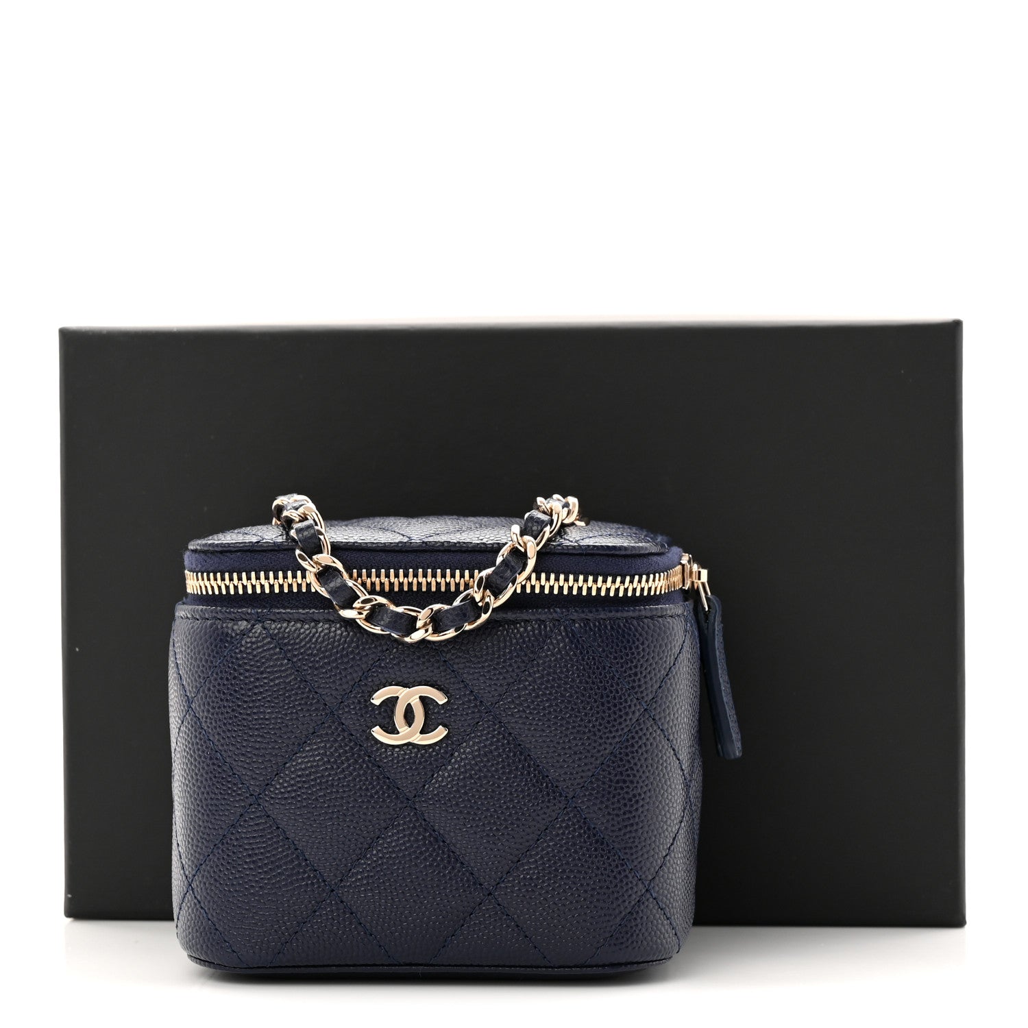 Chanel Caviar Quilted Mini Vanity Case With Chain Navy Blue 11 of 11
