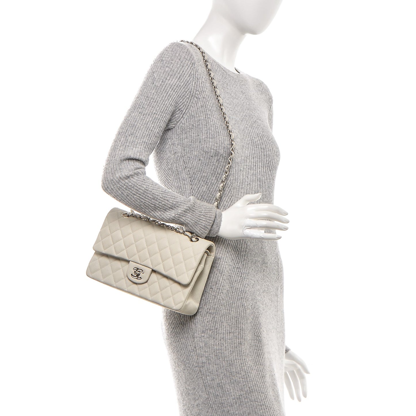 Iridescent Caviar Quilted Medium Double Flap Off White