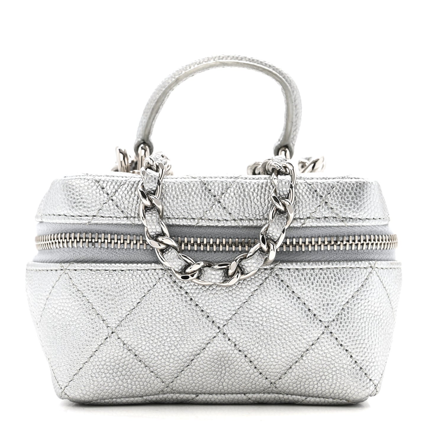 Metallic Caviar Quilted Mini Top Handle Vanity With Chain Silver