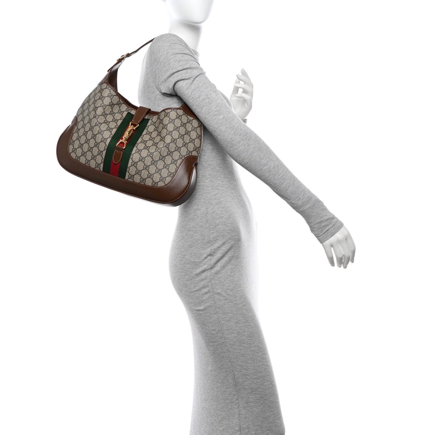 GG Supreme Monogram Azalea Calfskin Web Medium Jackie 1961 Hobo Beige Ebony Brown Sugar
