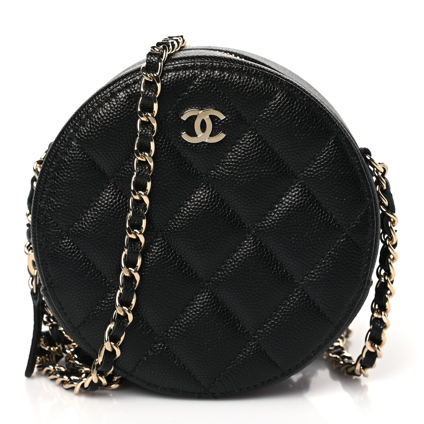 Caviar Quilted Round Clutch With Chain Black