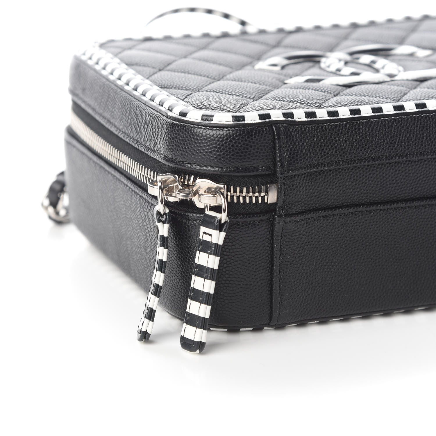 Chanel Caviar Quilted Striped Medium CC Filigree Vanity Case Black White 9 of 10