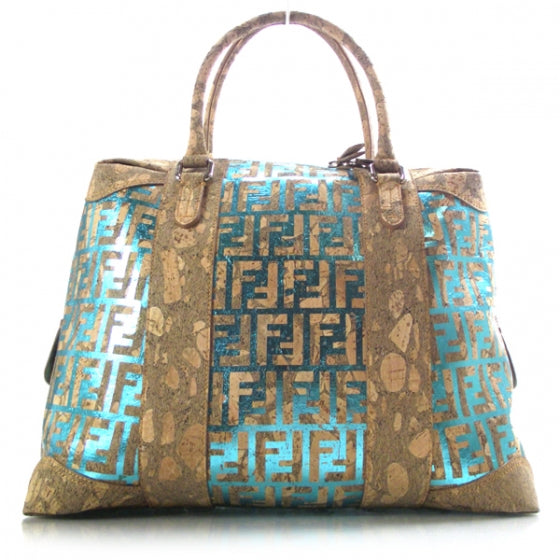 Cork Laminated Calfskin B Mix Tote Teal