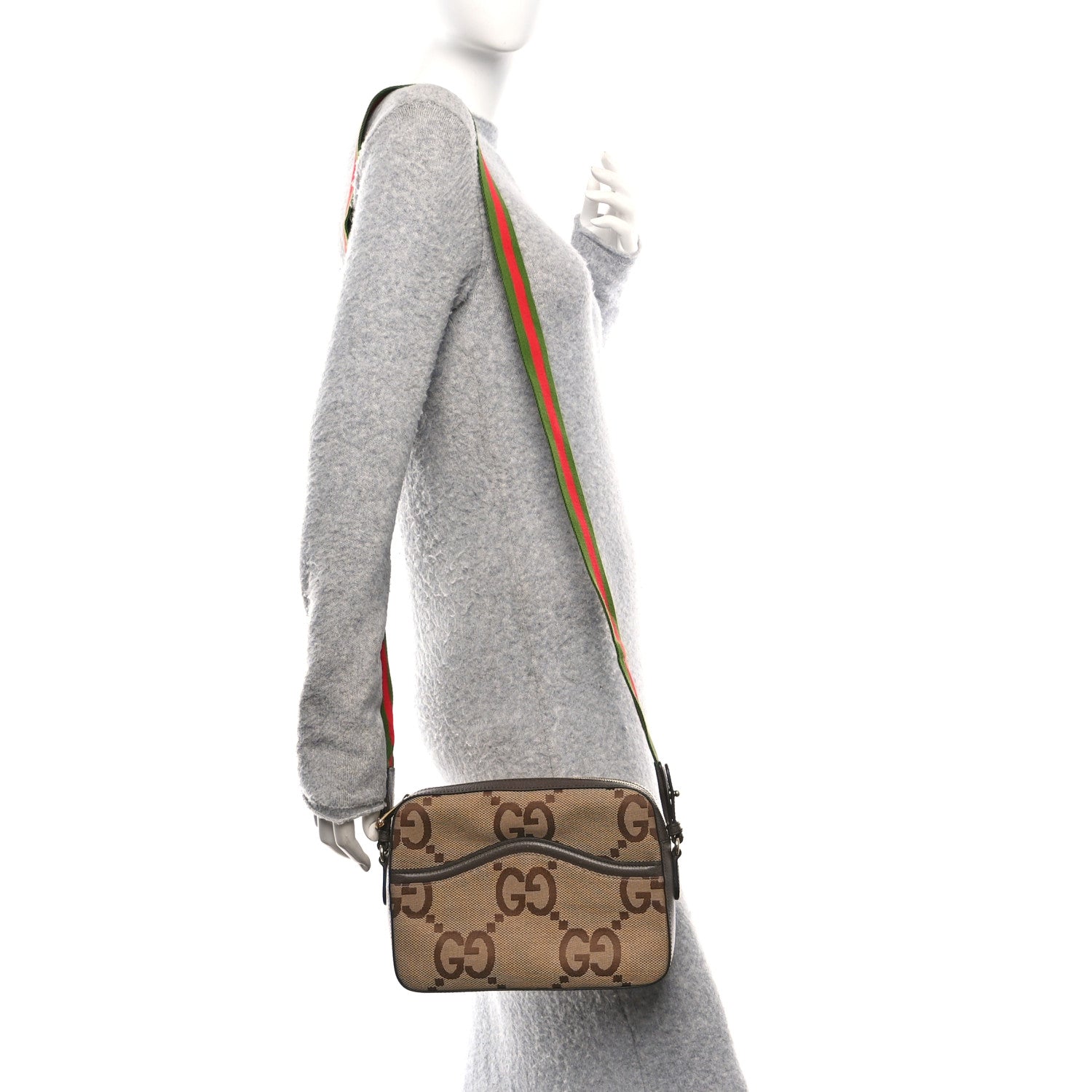 Gucci Monogram Jumbo GG Textured Dollar Calfskin Web Messenger Shoulder Bag Camel Ebony New Acero 2 of 10
