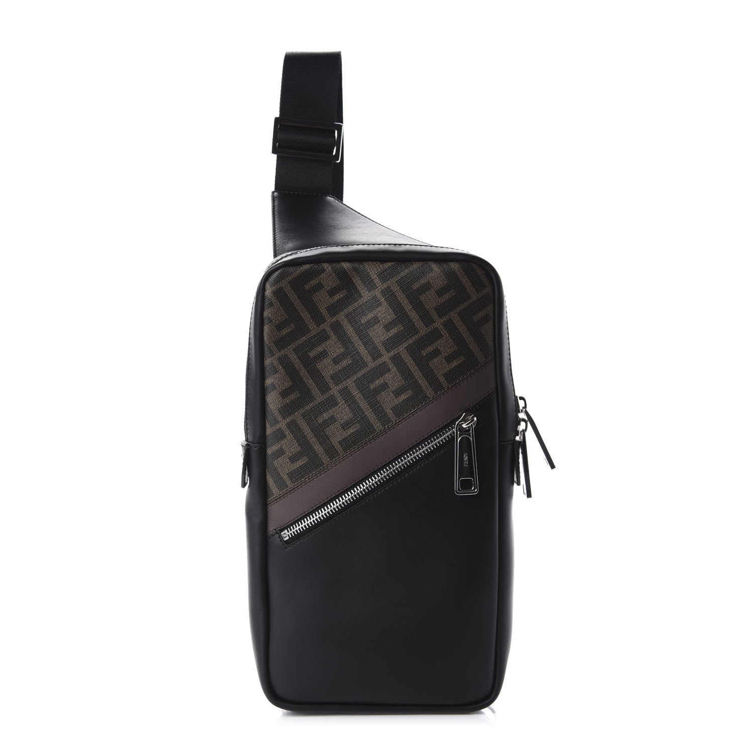 Fendi Glazed Fabric Vitello Liberty FF 1974 Diagonal Sling Bag Tobacco Moresco Black 1 of 9
