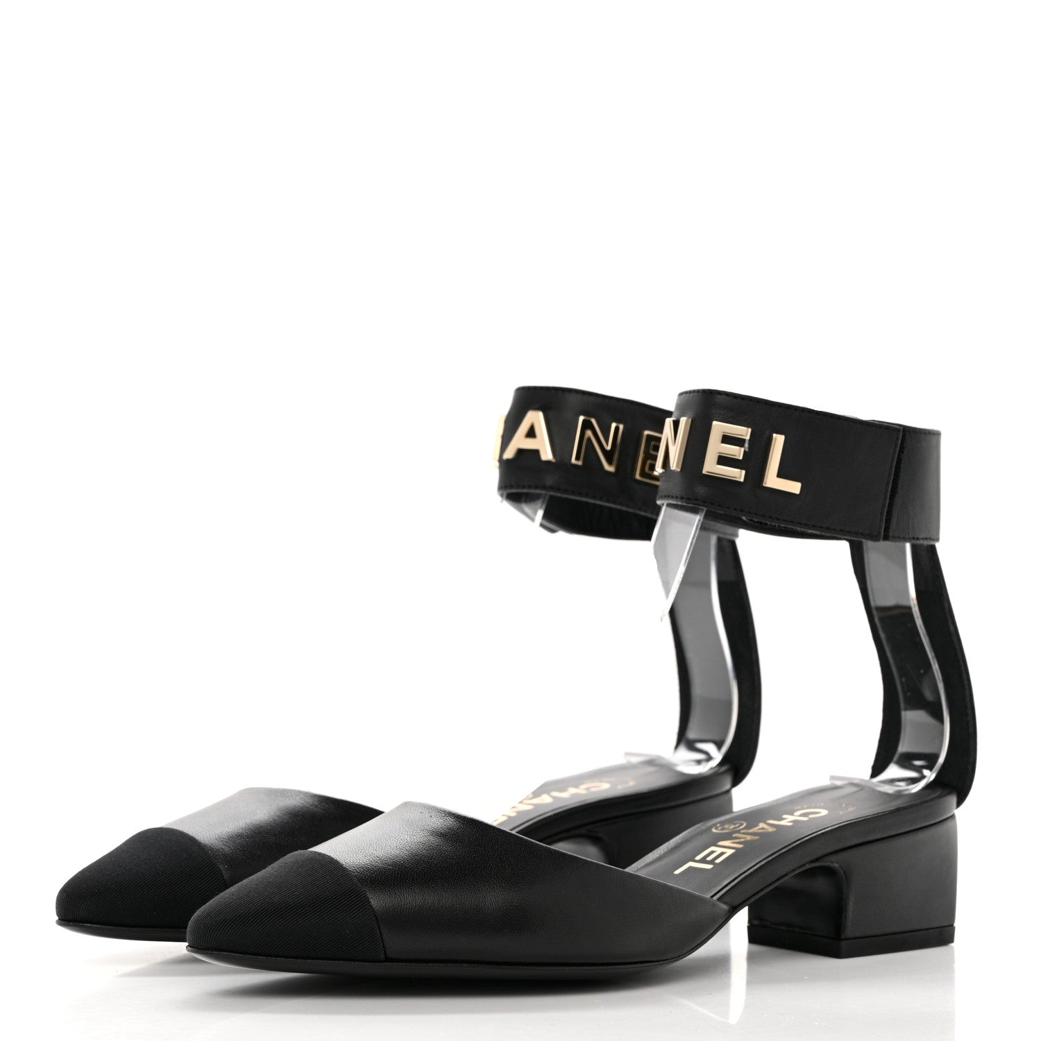 Chanel Lambskin Grosgrain Cap Toe Logo Ankle Strap Pumps 35 Black 3 of 11