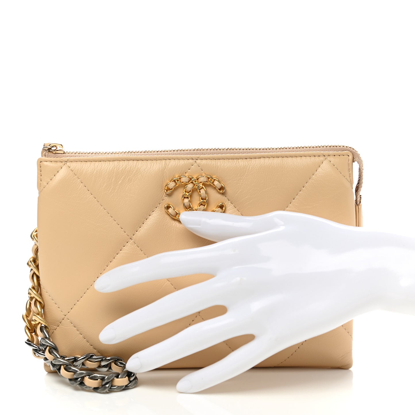 Shiny Goatskin Quilted Chanel 19 Small Pouch With Handle Beige