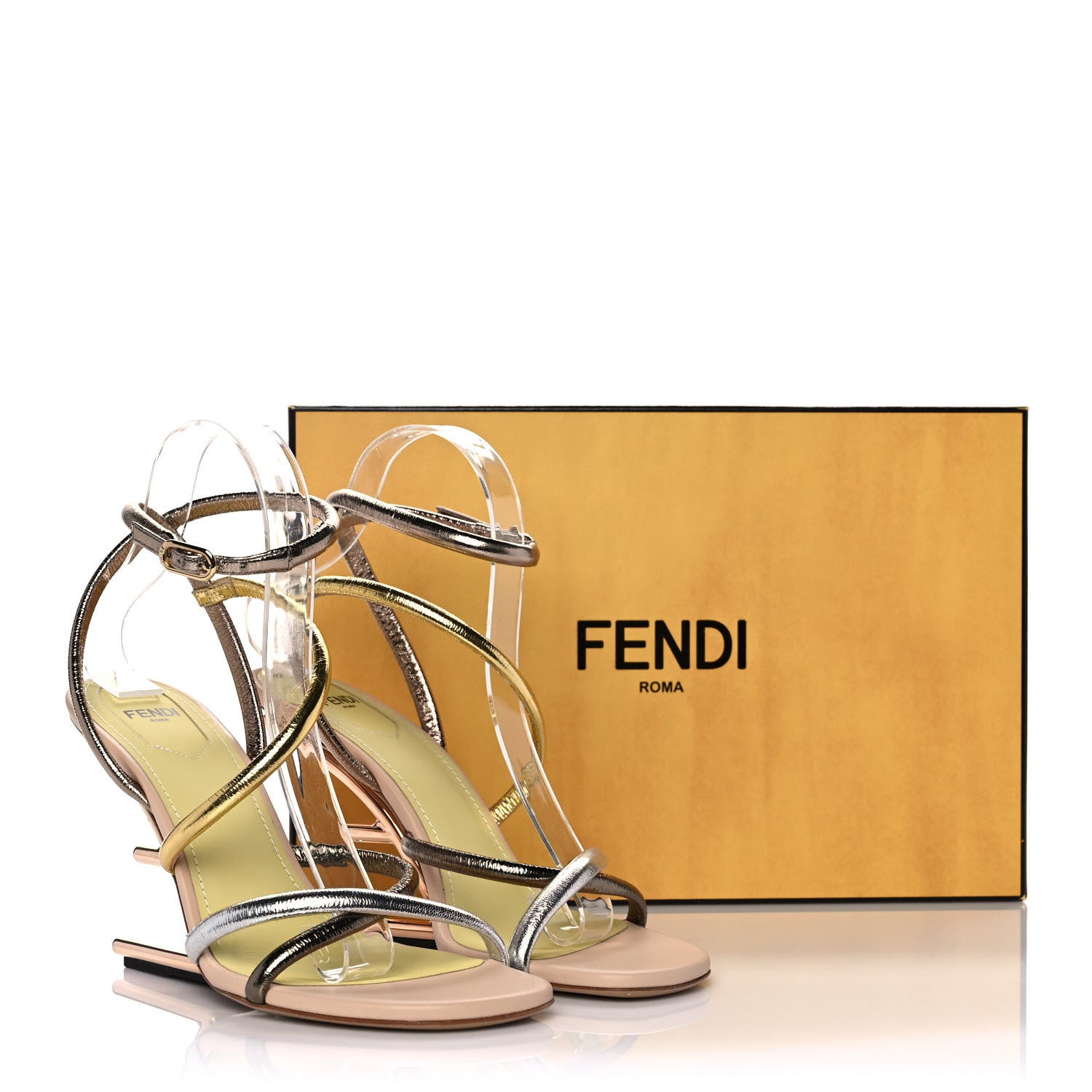 Fendi Metallic Nappa Fendi First 95mm Strappy Sandals 38 Argento Stagno Oro Champagne 8 of 8