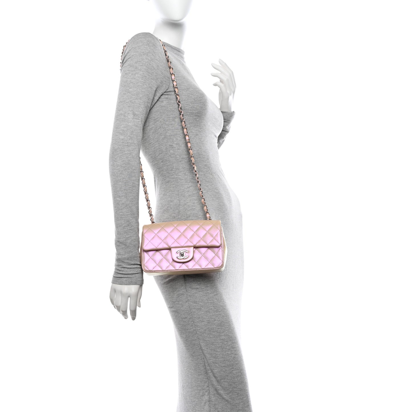 Iridescent Calfskin Quilted Mini Rectangular Flap Pink