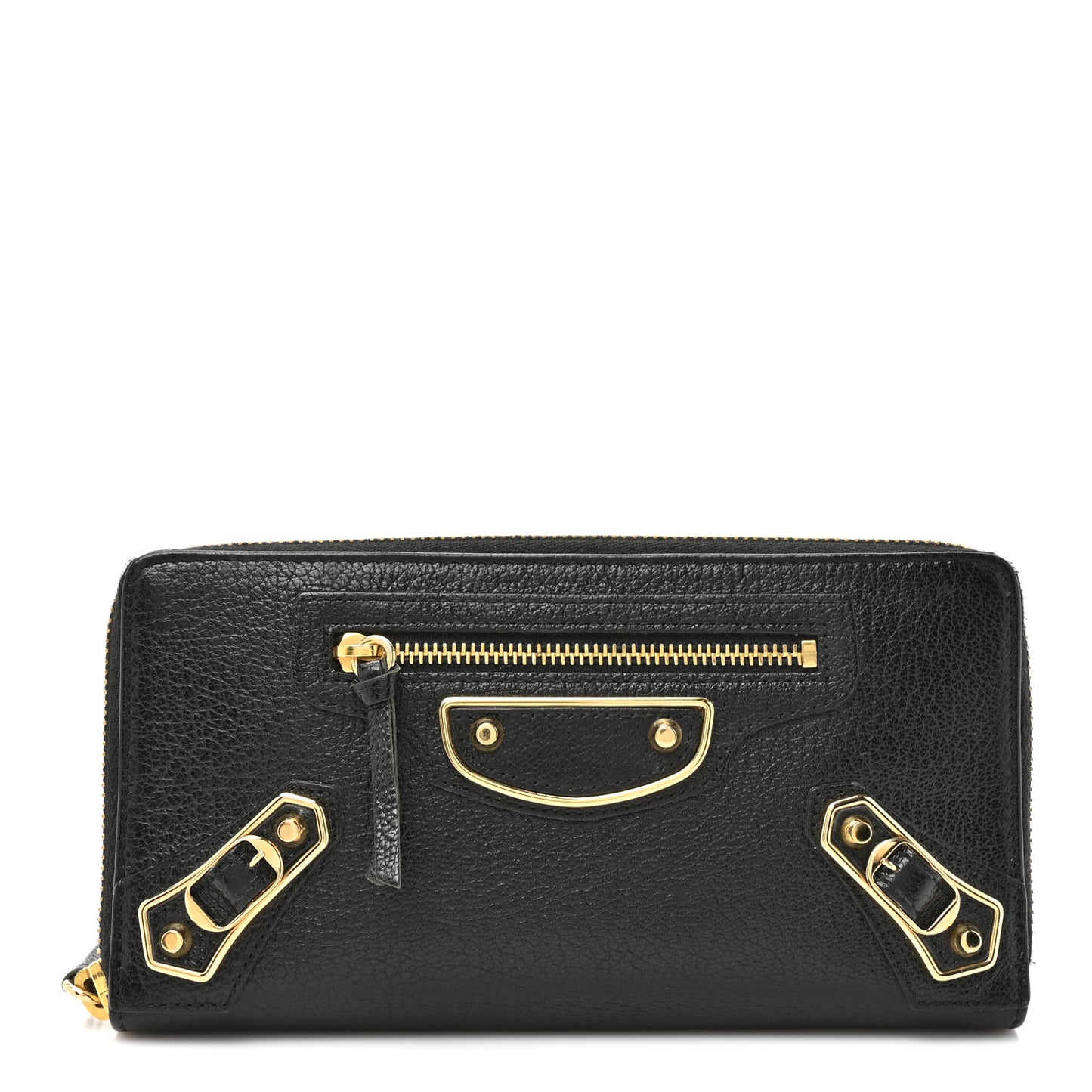 Chevre Gold Metallic Edge Hardware Continental Zip Around Wallet Black