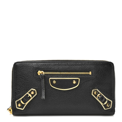 Balenciaga Chevre Gold Metallic Edge Hardware Continental Zip Around Wallet Black 1 of 12