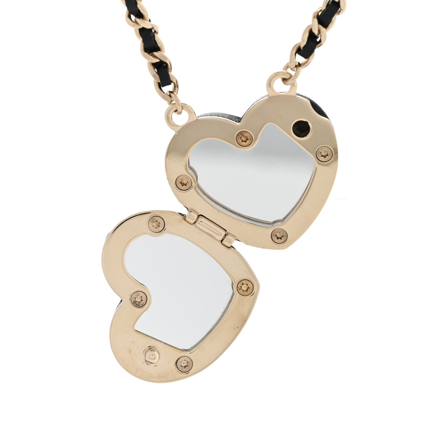 Lambskin CC Heart Mirror Locket Necklace Gold Black