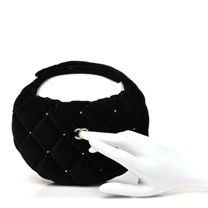 Chanel Velvet Diamanté Quilted Pocket Pouch Hobo Black 2 of 12