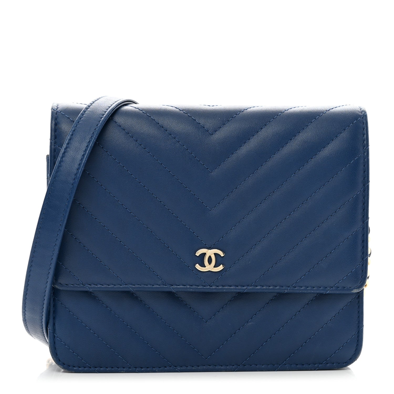 Chanel Lambskin Chevron Quilted Square Wallet On Chain WOC Blue 1 of 11