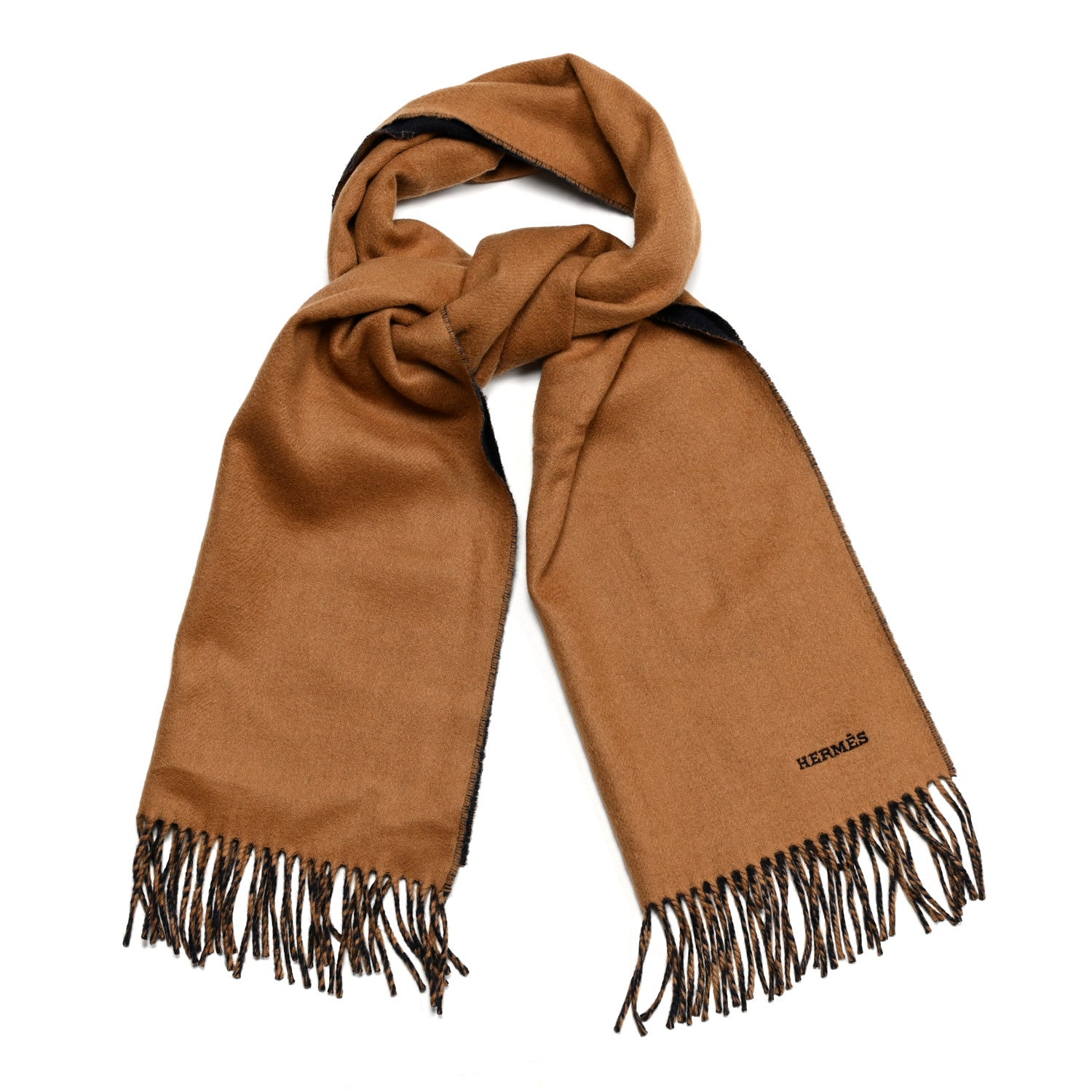 Hermes Cashmere Fringe Double Face Scarf Marine Bronze 1 of 6
