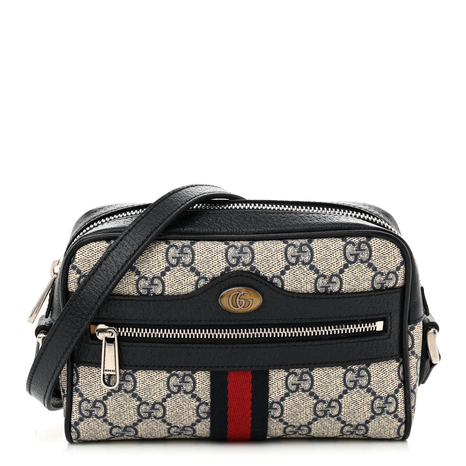 Gucci GG Supreme Monogram Textured Dollar Calfskin Web Mini Ophidia Shoulder Bag Beige Blue 1 of 12