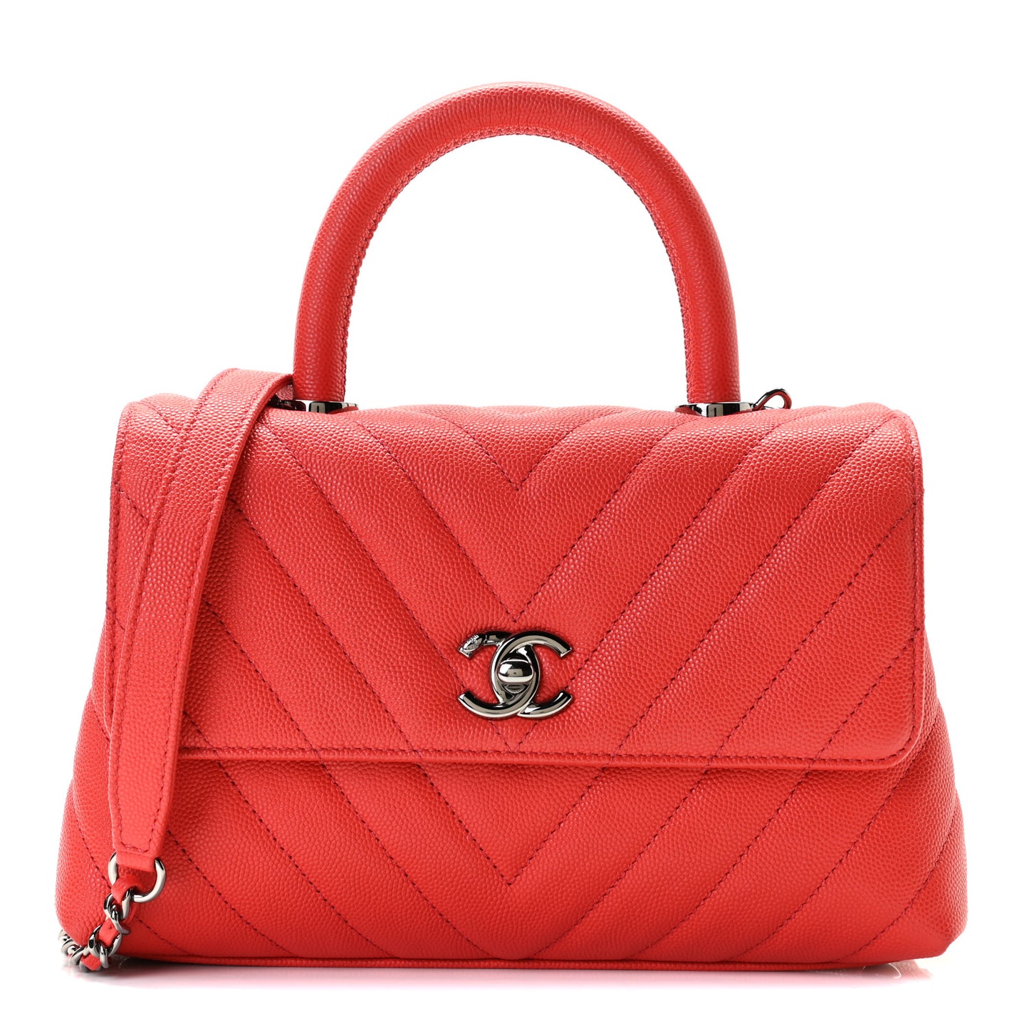 Caviar Chevron Quilted Mini Coco Handle Flap Red