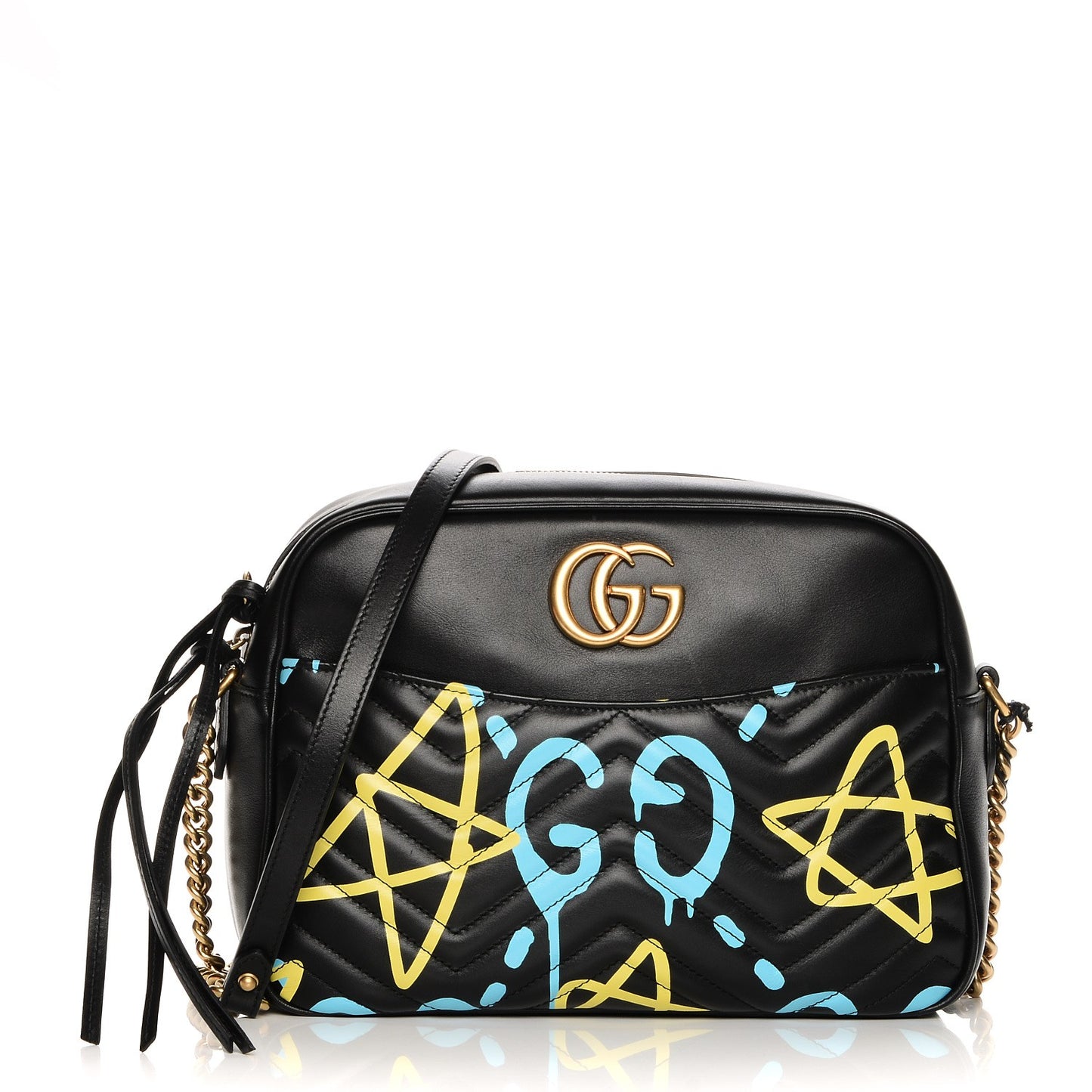 Calfskin Matelasse GucciGhost Medium GG Marmont Chain Shoulder Bag Black New Acquamarine