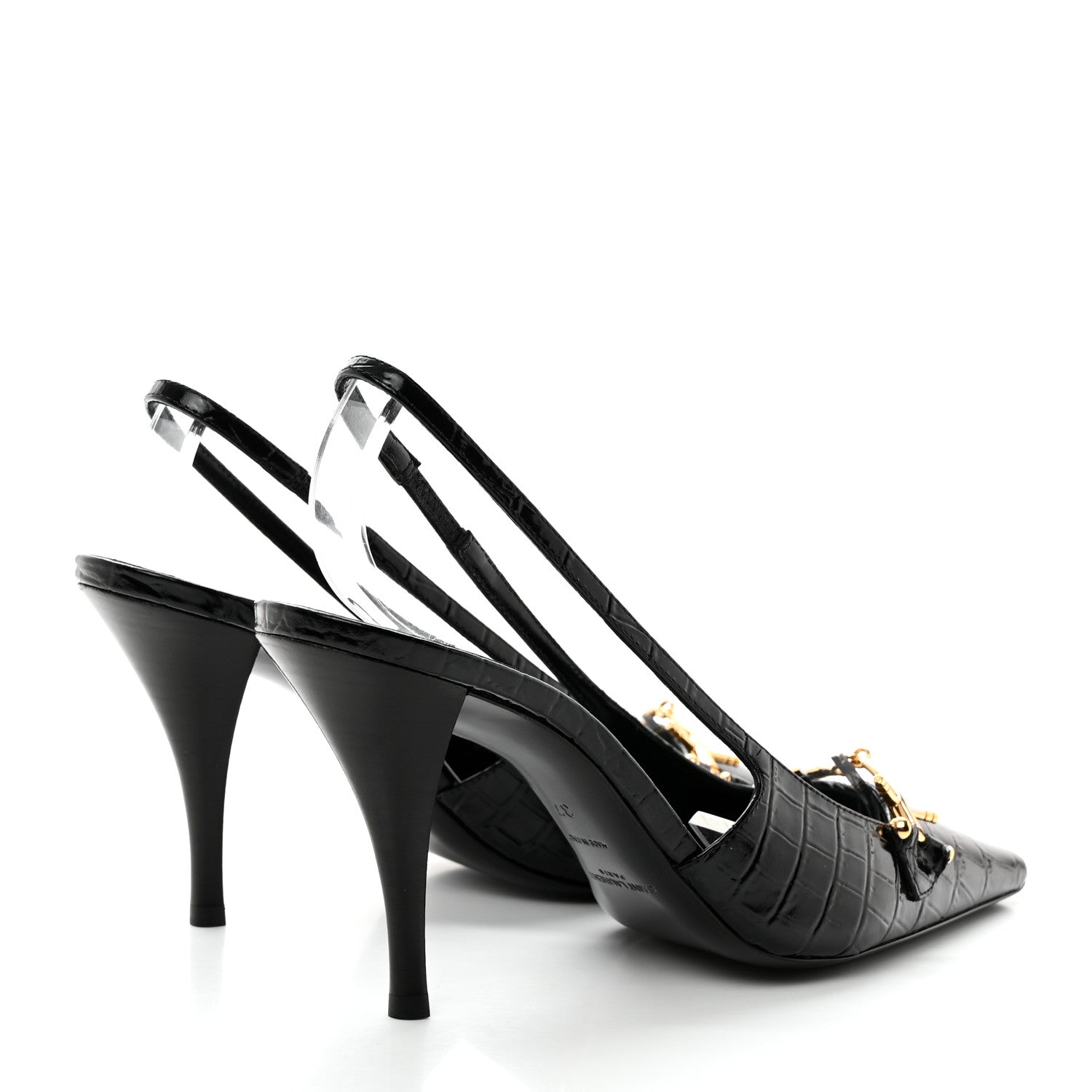Saint Laurent Calfskin Crocodile Embossed Slingback Tom 90 Pumps 37 Black 4 of 13