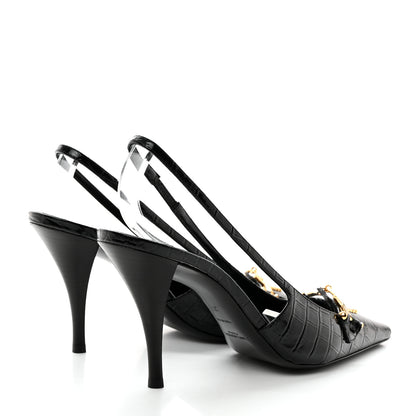 Saint Laurent Calfskin Crocodile Embossed Slingback Tom 90 Pumps 37 Black 4 of 13