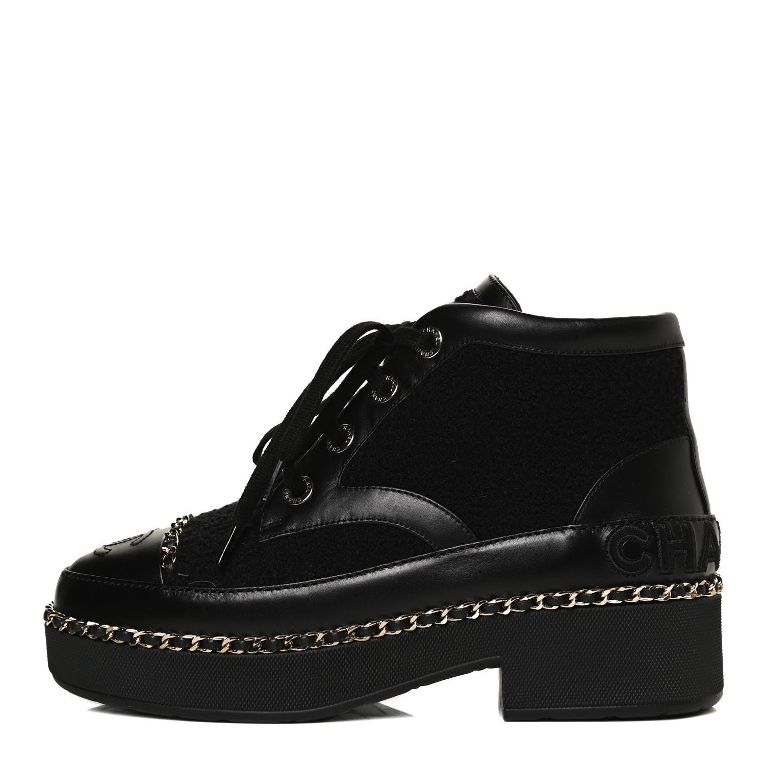 Chanel Tweed Calfskin Chain Short Boots 36 Black 1 of 9