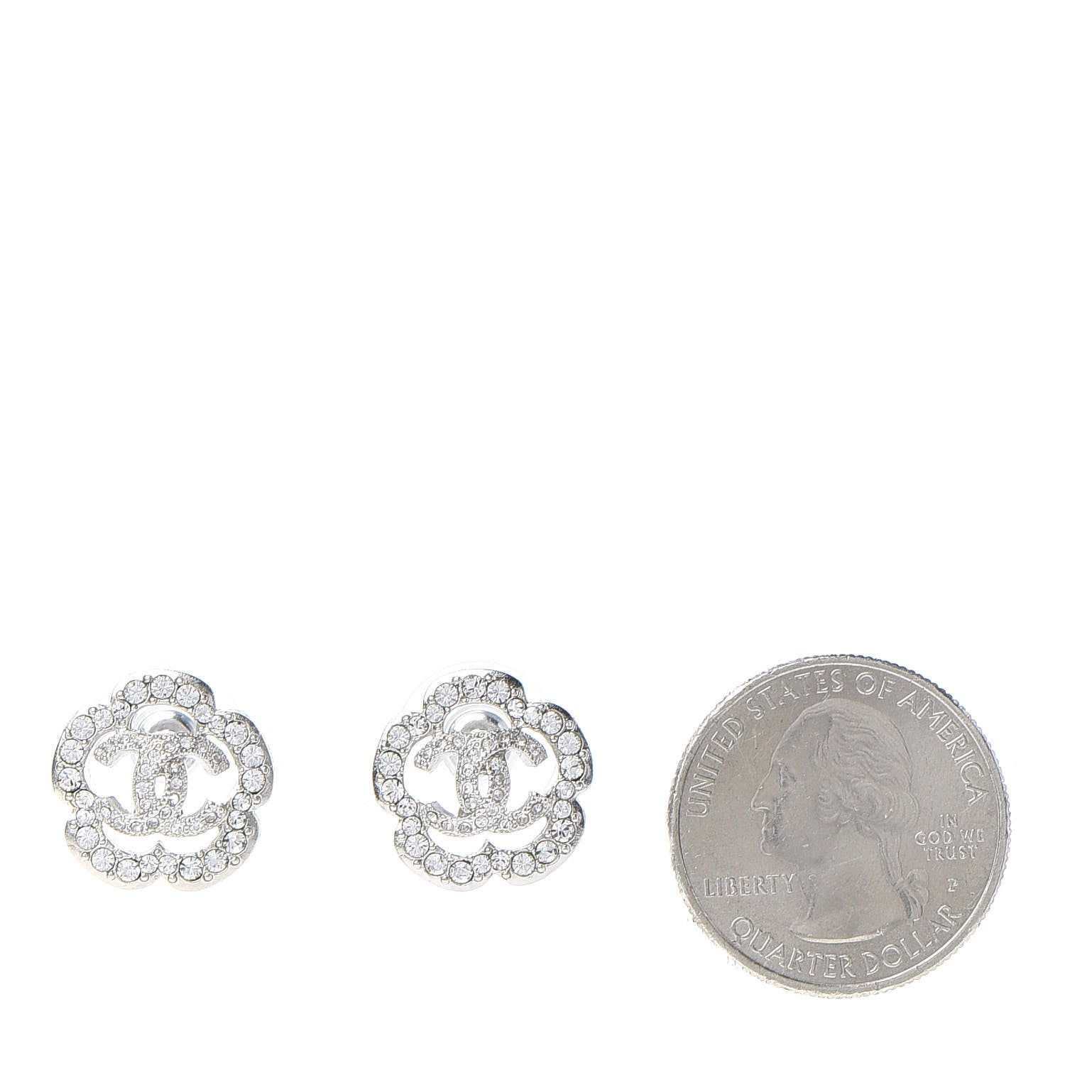 Chanel Crystal Coco Flapper Camellia CC Stud Earrings Silver 2 of 5