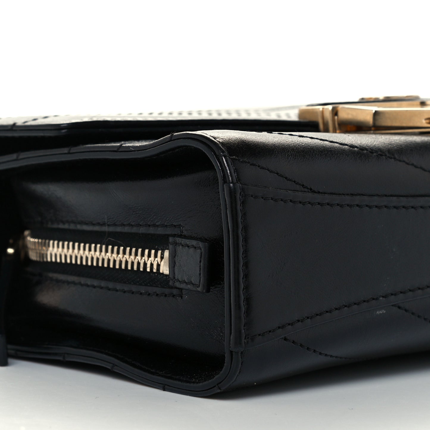 Calfskin Chevron Quilted Medal Flap Black