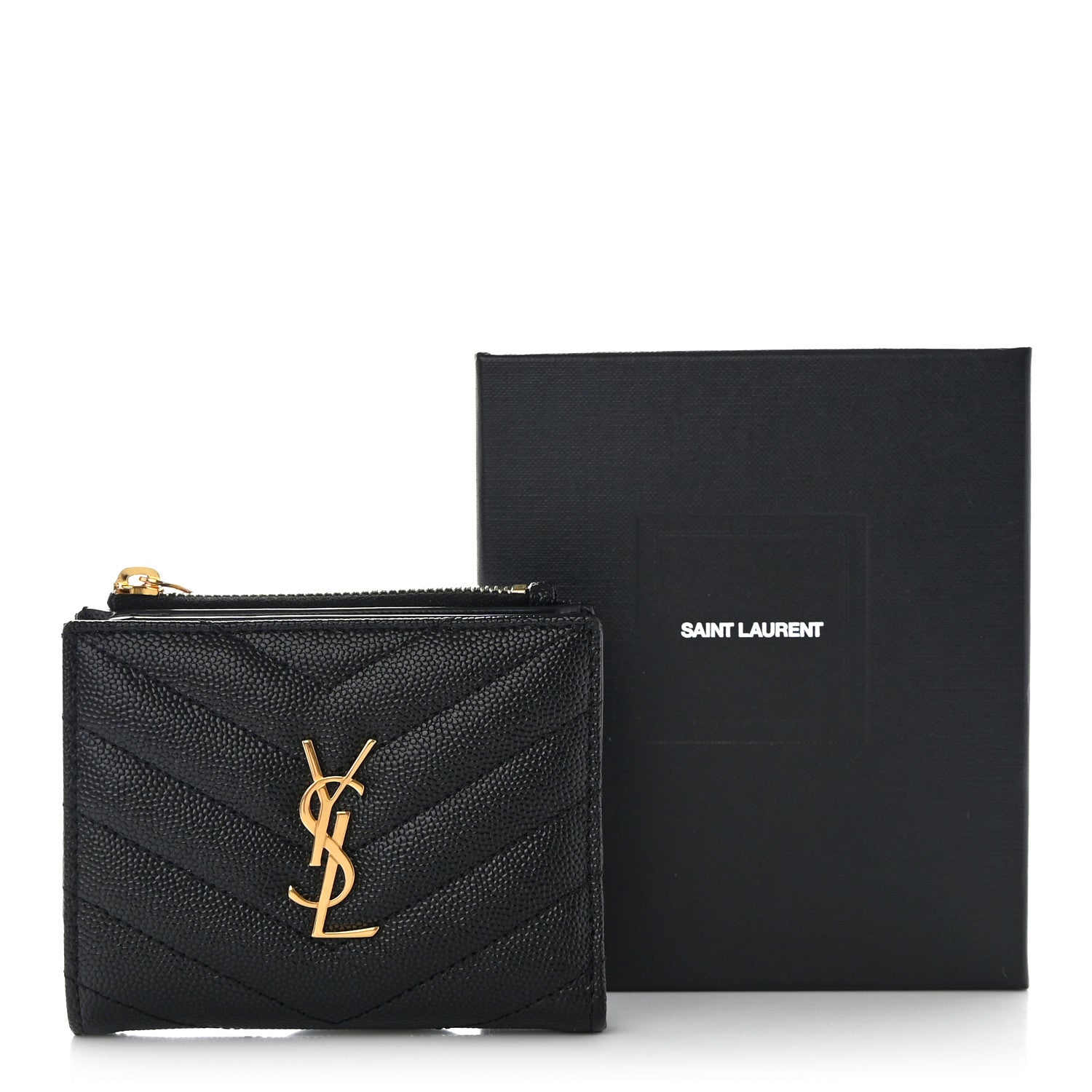 Saint Laurent Grain De Poudre Matelasse Chevron Monogram Zipped Card Case Black 11 of 11