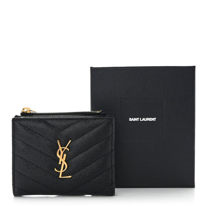 Saint Laurent Grain De Poudre Matelasse Chevron Monogram Zipped Card Case Black 11 of 11