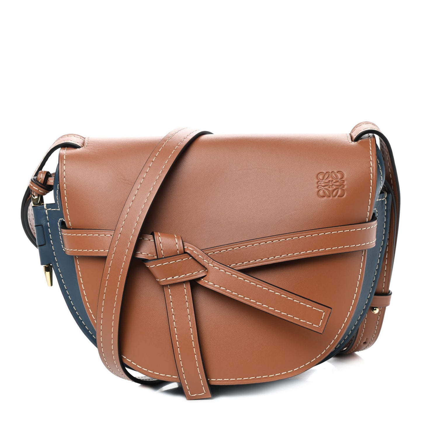 Calfskin Small Gate Crossbody Bag Tan Steel Blue