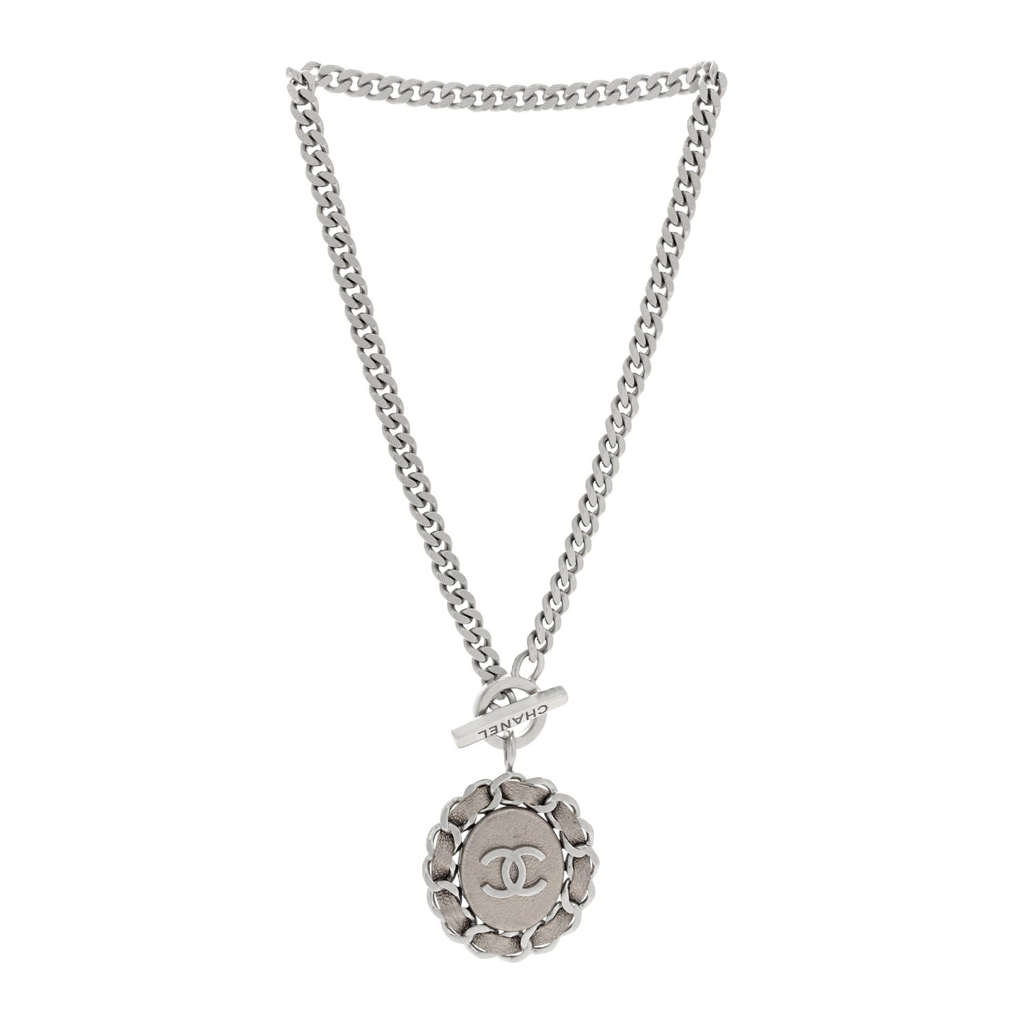 Lambskin CC Chain Pendant Necklace Silver