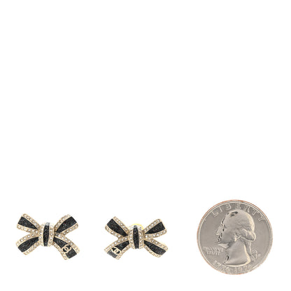 Chanel Glitter Enamel Crystal Bow Stud Earrings Black Gold 2 of 5