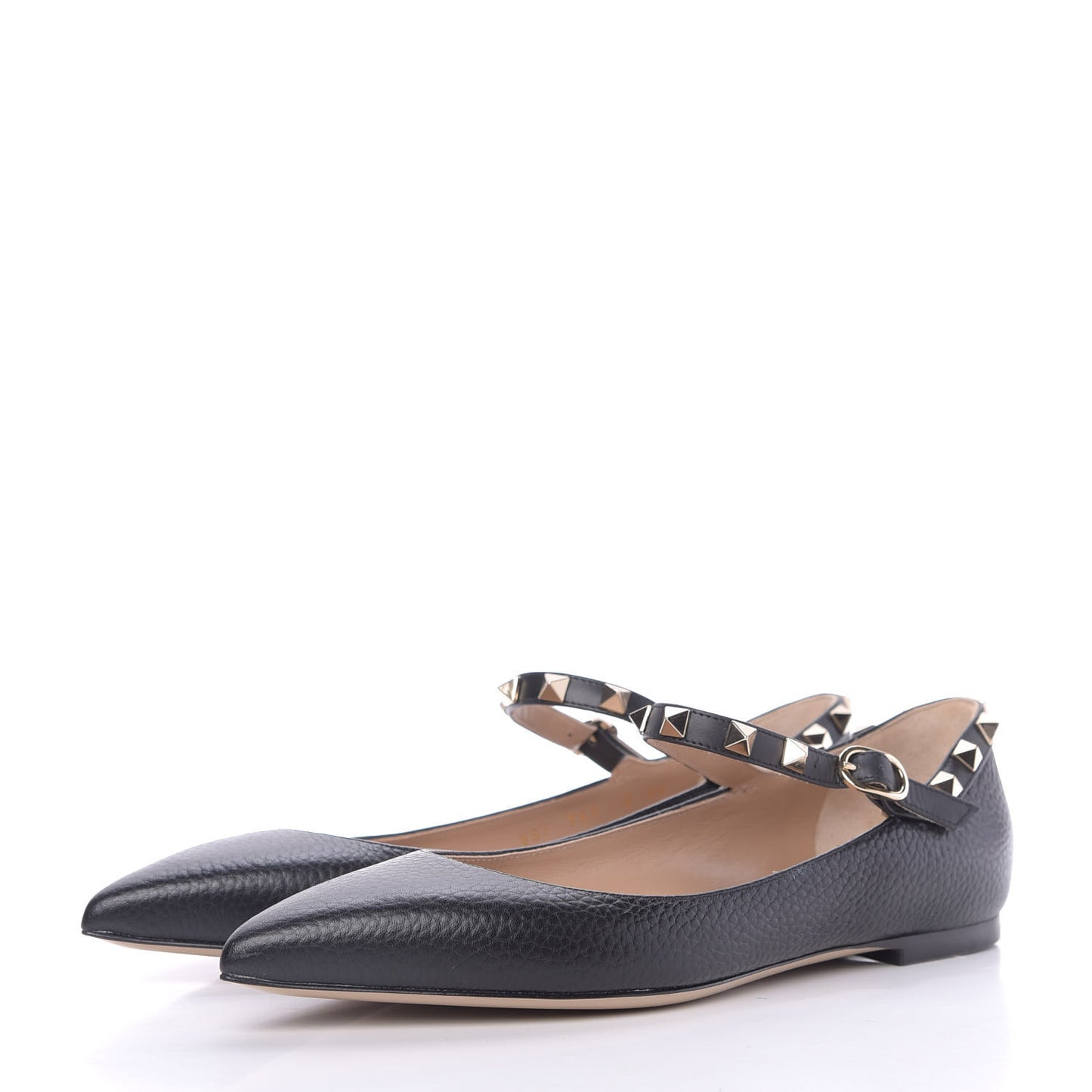 Pebbled Calfskin Rockstud Ankle Strap Ballerina Flats 36 Black