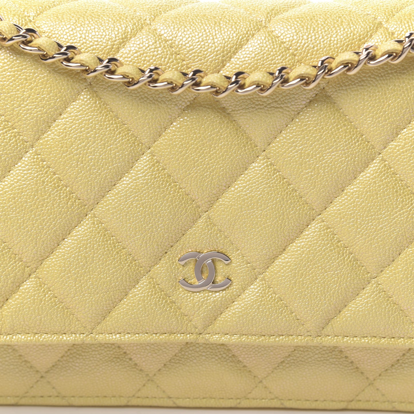 Iridescent Caviar Quilted Wallet on Chain WOC Yellow