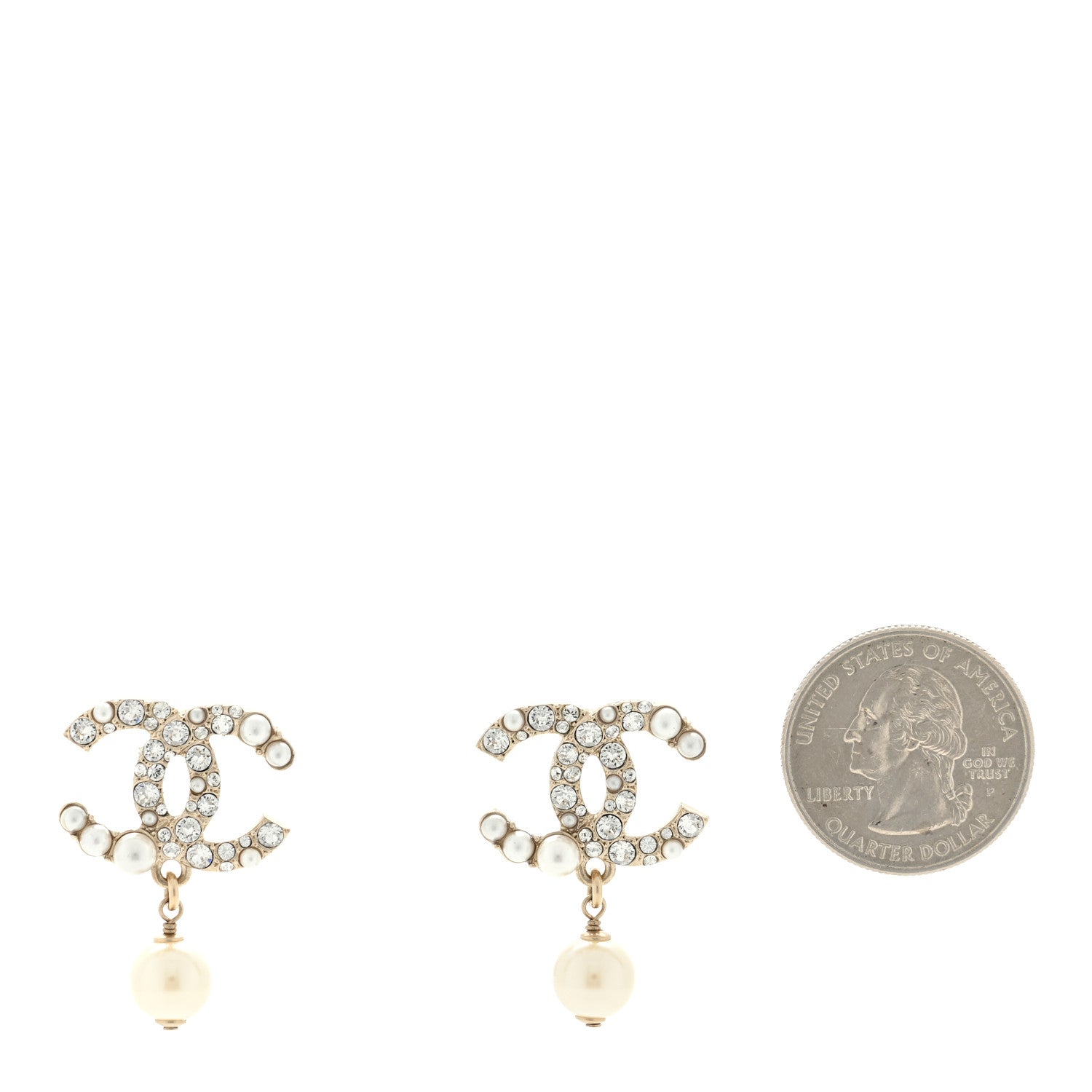 Chanel Crystal Pearl CC Drop Earrings Gold Pearly White 2 of 4