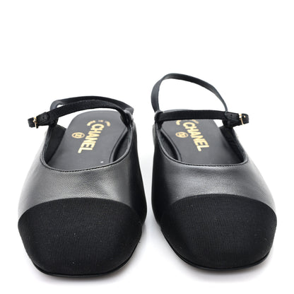 Chanel Lambskin Grosgrain Rounded Toe CC Slingback Flats 36.5 Black 3 of 9